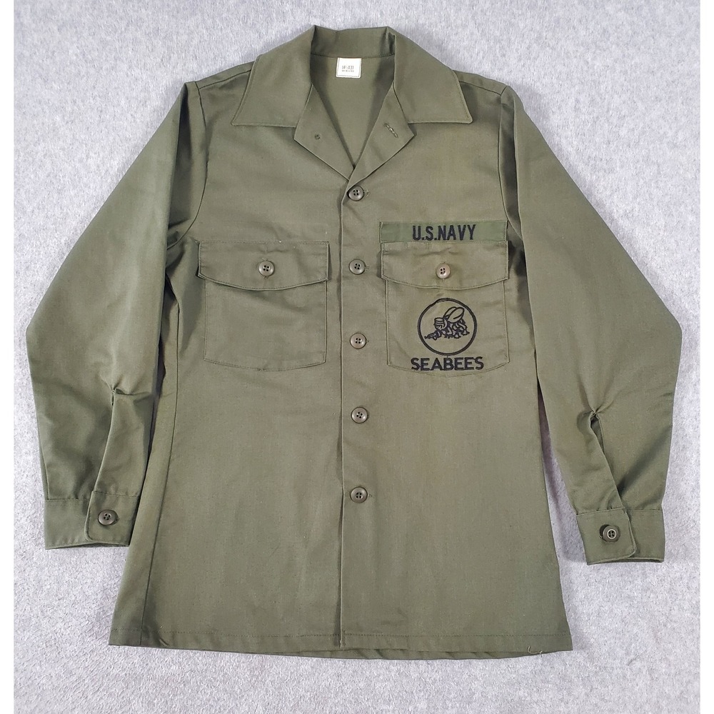 Vintage 80s US Navy Seabees Shirt Small 14.5 31 Olive OG 507 USN Long Sleeve